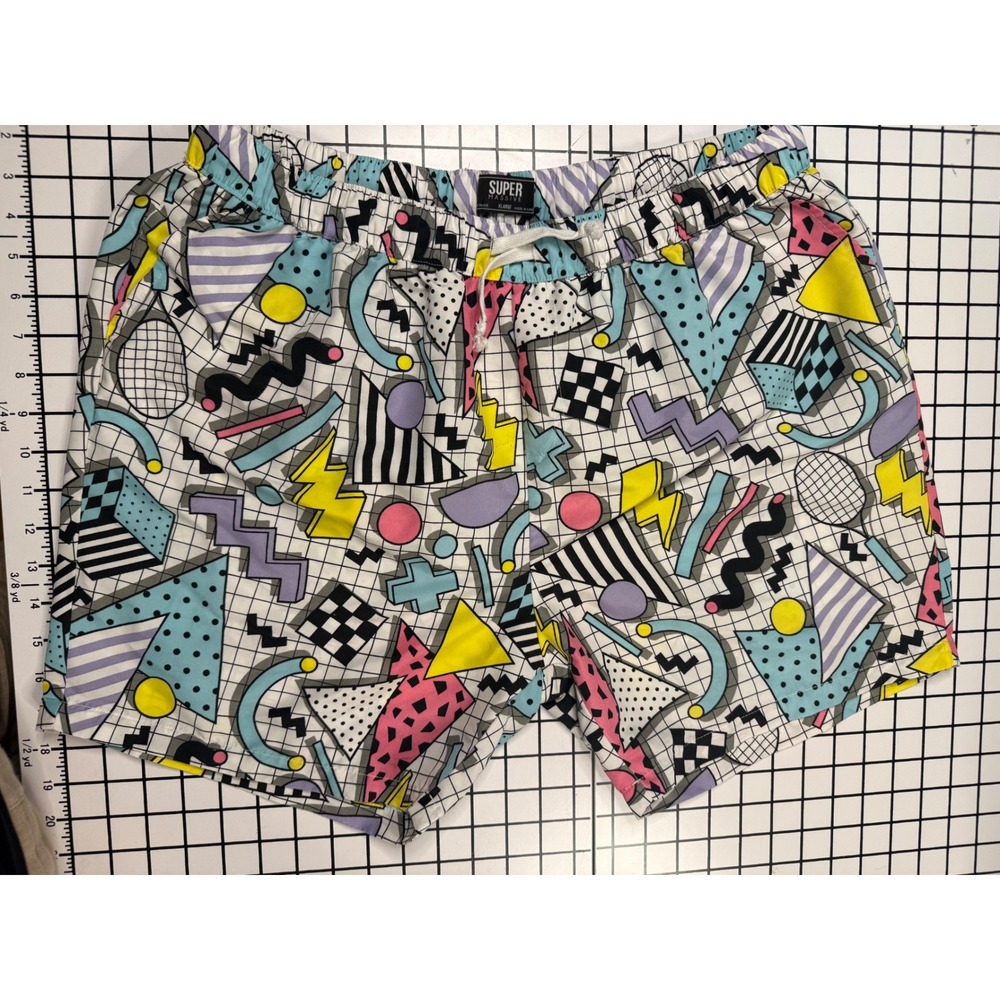 Super Massive Men's XL Swim Trunks Retro 90s Memphis Geometric Print Shorts